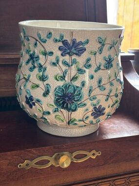 Vintage Italian Majolica Hand Painted Floral Planter-signed Italy Blue/Teal, L